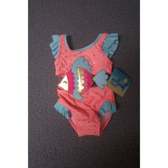 wetsuit club Baby Girl Swimsuit Pink Beach Bathing Suit one piece‎ ruffle 9M NEW - Picture 1 of 3